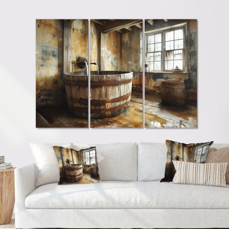 «Brown Rustic Bathroom Charm I», ensemble de reproductions d'art mural rustique, Toile tendue, H 32 po x l 48 po x P 1 po