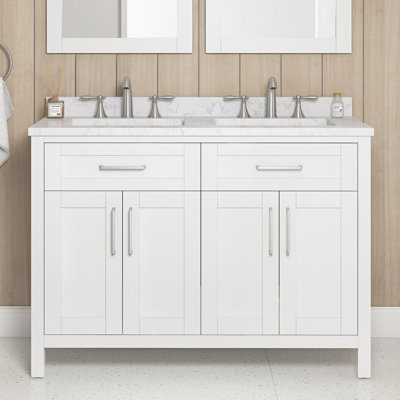 Tahoe 48 in. Pure White Double Sink Bathroom Vanity, Engineered Stone Top with Backsplash, Brushed N