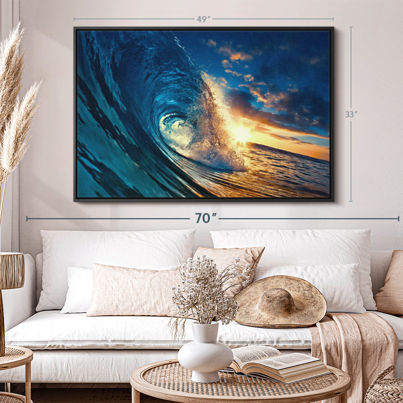 " Ocean Sunset Wave ", 40" H x 27" W, Black Floater Framed