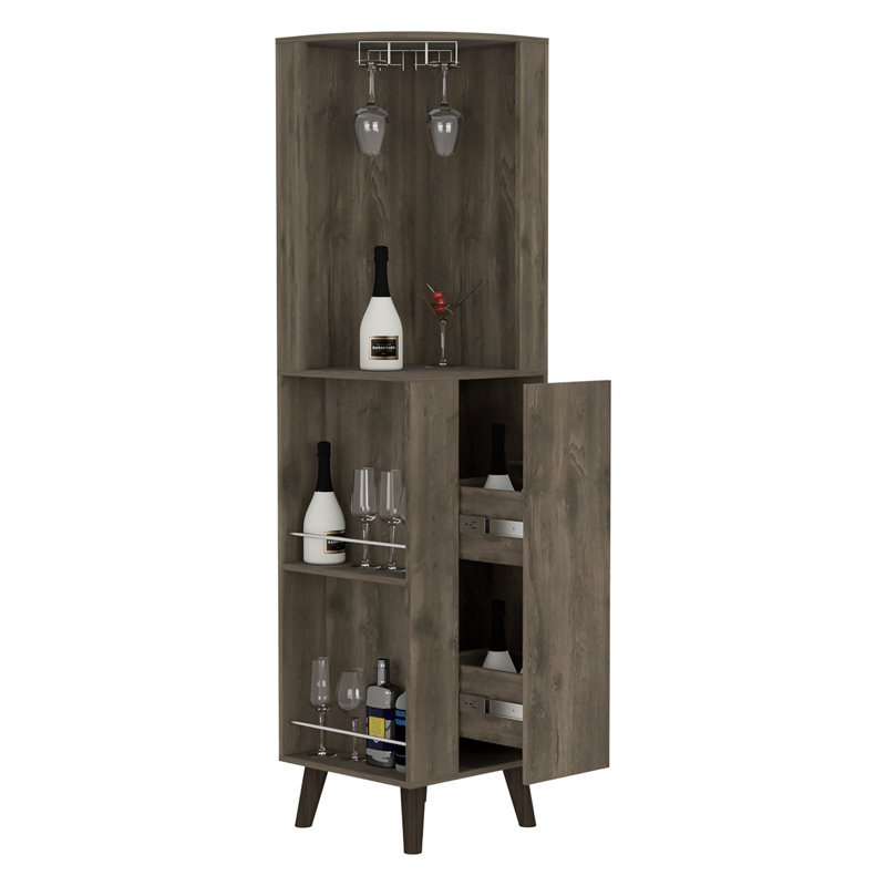 Cincinatti Corner Bar Cabinet, Cup Rack, Two External Shelves, One Drawer, Four Legs -Dark Brown