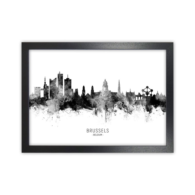 Brussels Belgium Skyline Black White City Name by Michael Tompsett - Print, 34cm H x 46cm W x 3cm D, Black Framed