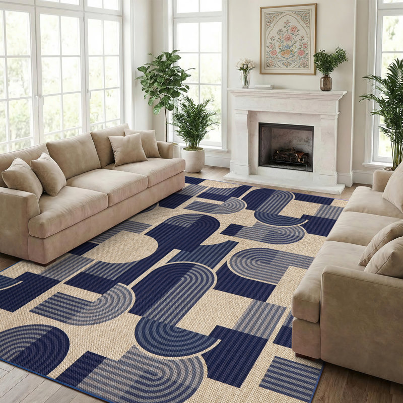 Tapis en jute à motif géométrique facile à nettoyer, Bleu, Rectangle 9' x 12'