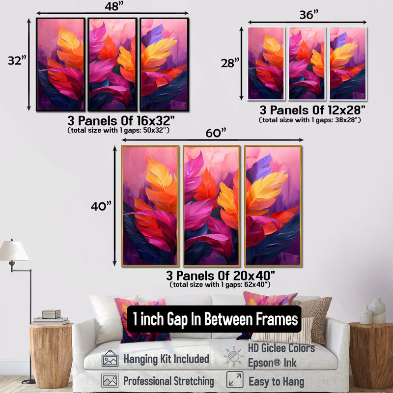 «Pink Yellow Feathered Fantasy I» «Pink Yellow Feathered Fantasy I» 3 pièces, Encadrement argenté, H 40 po x l 60 po