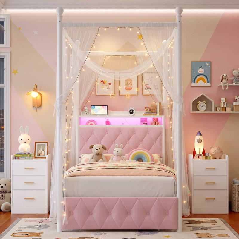 Kids Bedroom Set: LED Canopy Bed Frame with Charging Ports + 2 Nightstands with Outlets & Drawers (Whisper-Soft Pink, T Sizes)