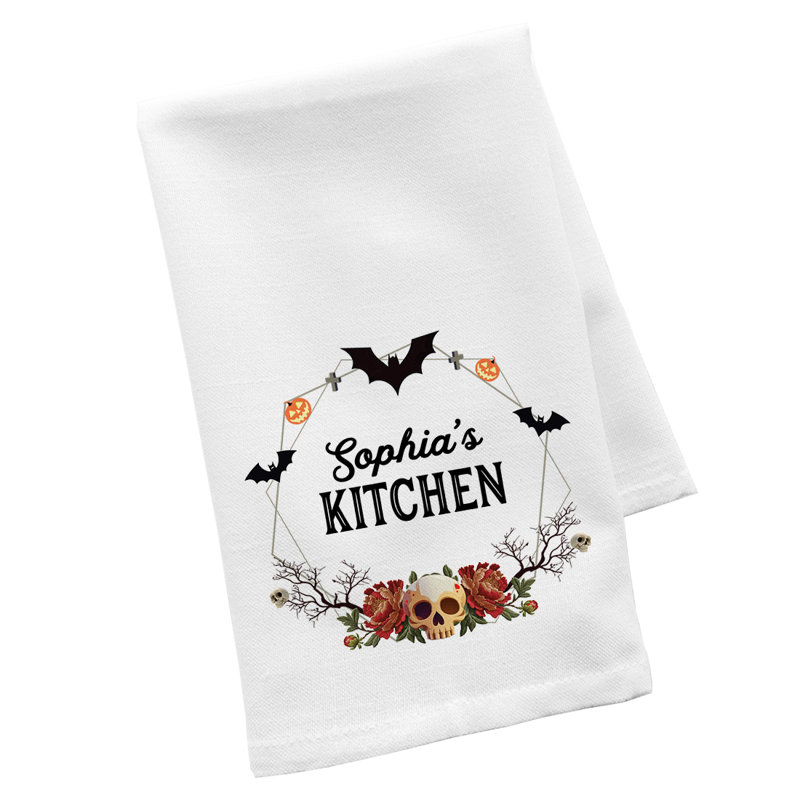 Serviette de cuisine d'Halloween personnalisée, cuisine avec crâne et roses, nom personnalisé, Oui