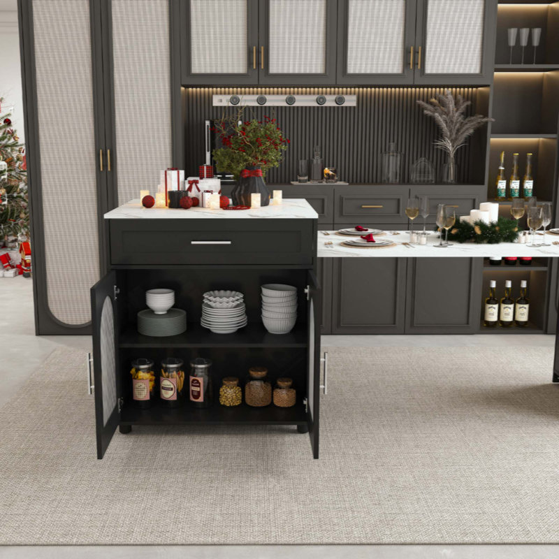 Expandable Kitchen Island With Dining Table, Marble-Grain Countertop With Power Outlet, Mobile Storage Cart With Cabinet & 2 Drawers, Kitchen Prep Table