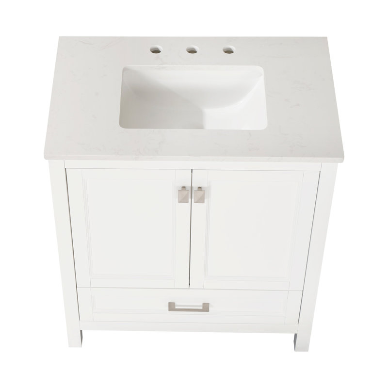 30-Inch Freestanding Bathroom Vanity With Carrara Engineered Marble Top, Under-Mounted Ceramic Sink, And Soft-Close Storage Door
