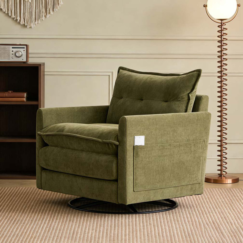 Thick Padded Arm Chair with Solid Metal Base, Comfortable Single Sofa Chair, Swivel Accent Chair, Olive Green