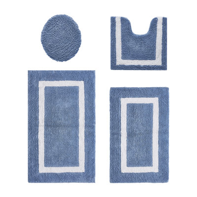 Ensemble de tapis pour salle de bain 4 pièces 100% coton 2370 g / m² Arth certifié OEKO-TEX®, tapis de salle de bain très moelleux, super absorbant, réversible, lavable à la machine, confort spa, bleu foncé / blanc
