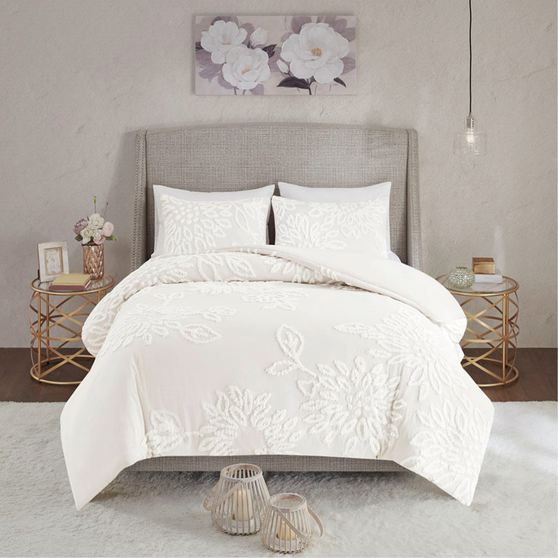 Ensemble de housse de couette à motif floral en chenille capitonnée 3 pièces pour lit double / grand, Blanc cassé
