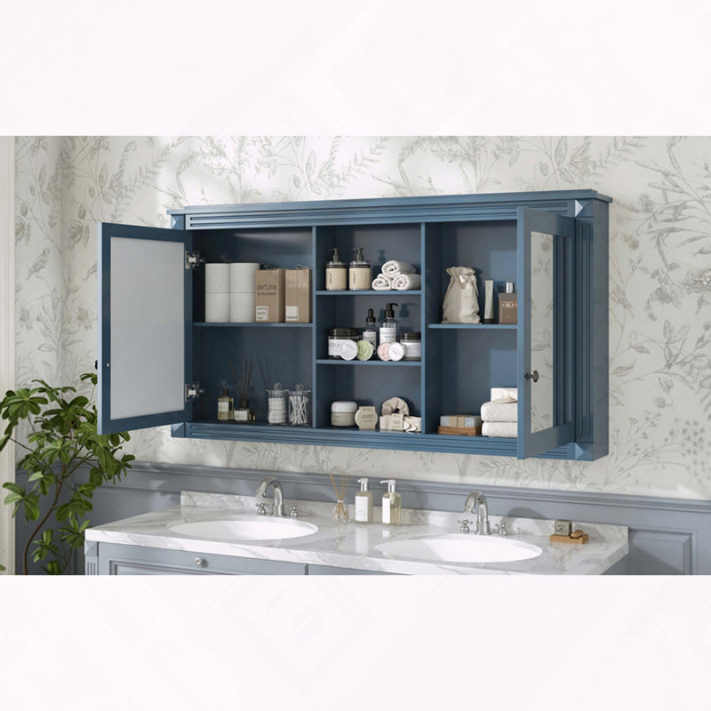 Armoire à miroir murale à tablettes réglables à fermeture douce, Bleu