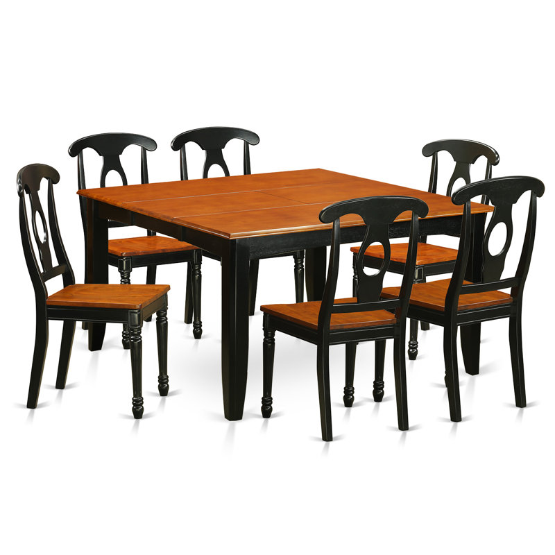 7 Piece Dining Room Furniture Set Consist of a Square Wooden Table with Butterfly Leaf and 6 Kitchen Dining Chairs, Black & Cherry