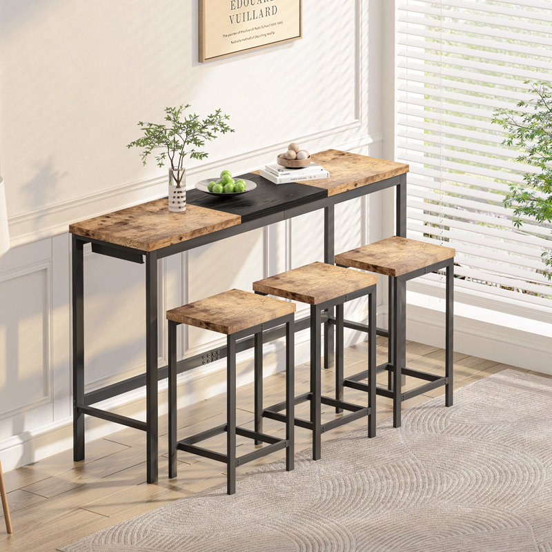 Jonnae Modern Design Kitchen Dining Table, Pub Table Set, Long Dining Table Set with 3 Stools, Natural/Black, Natural/Black
