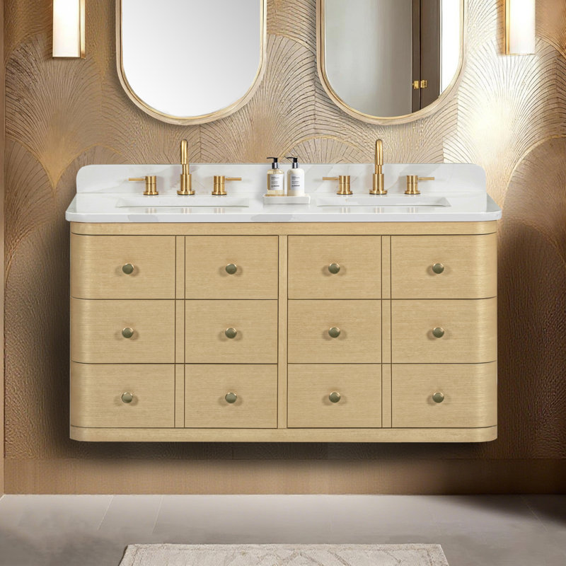 Ensemble de meuble-lavabo à double cuve en chêne blanc avec plateau Serena, Quartz Calacatta, 49"