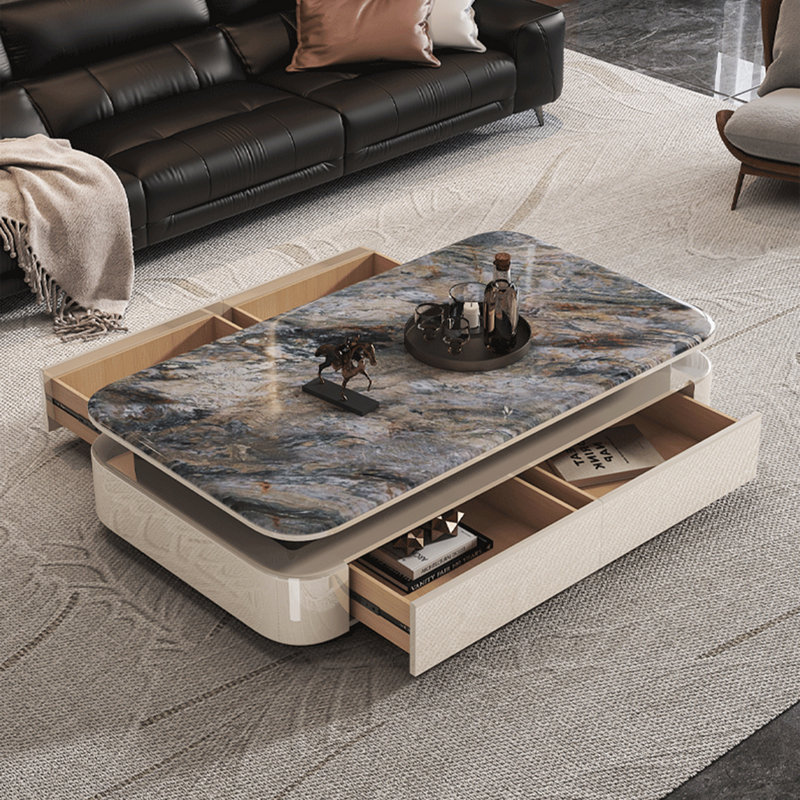 Table basse en pierre micro-cristalline avec rangement, H 16,5 po x L 55,1 po x l 27,6 po, Noir / blanc / brun