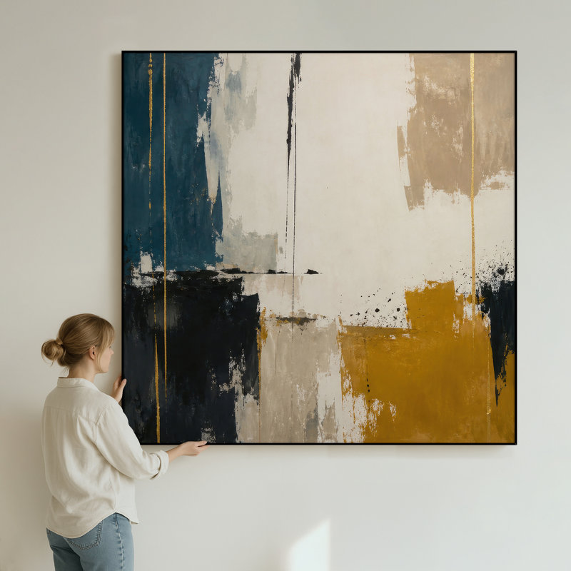 Extra Large Wall Art Fabric Print - Modern Abstract Blocks with Navy Gold and Neutral Accents for Living Room or Bedroom - "Frame Assembly Required (Unfinished Frame)"
