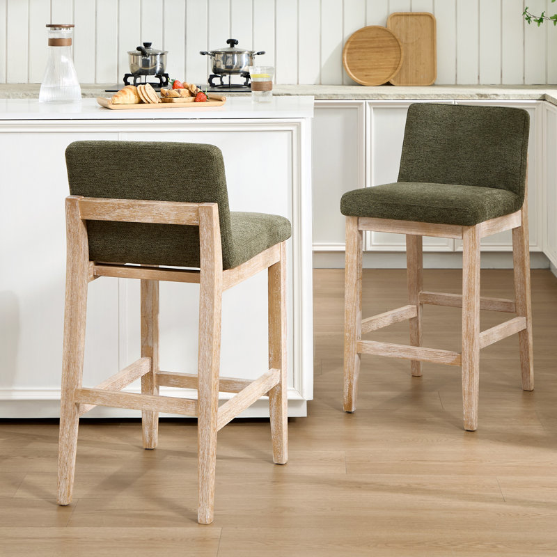 Howard Modern Farmhouse 26" H Linen Upholstered Counter Stool with Ergonomic Curved Back and Solid Wood Frame, Green / Rustic