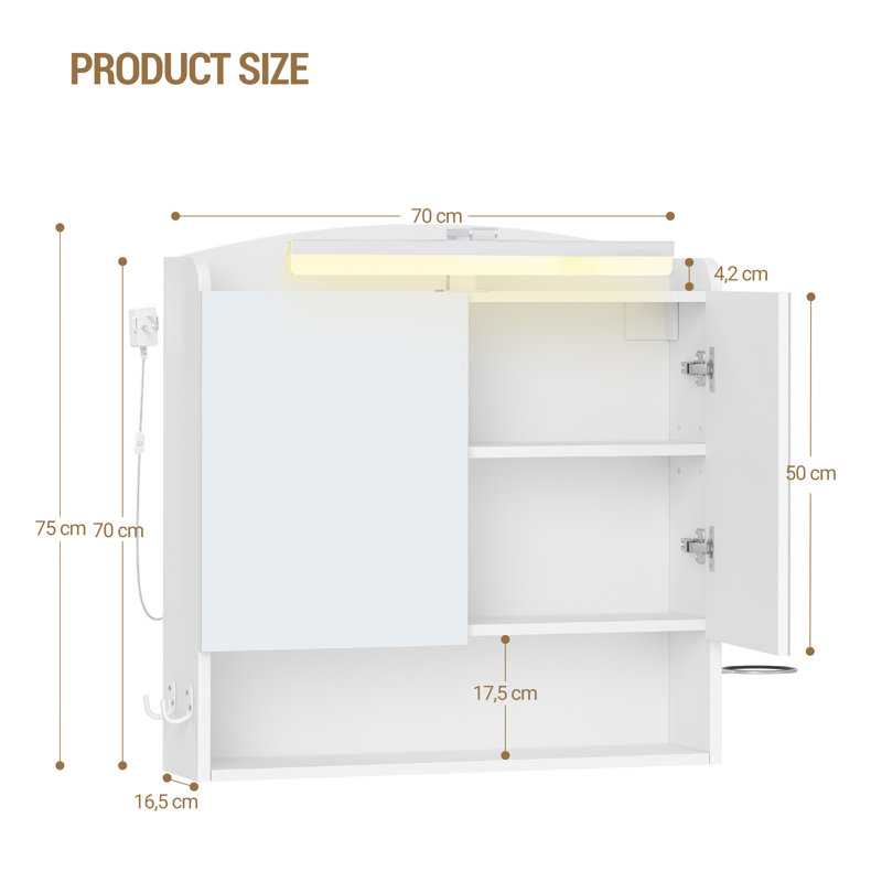 Bathroom Mirror Cabinet with LED Lights, Bathroom Wall Cabinet with Plug, Bathroom Cabinet, 2 Doors and Open Storage, Adjustable Shelf, Hair Dryer Holder and Hooks, Modern