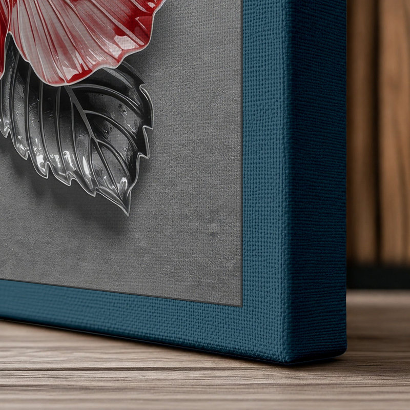 Hibiscus in Bloom Botanical - Wrapped Canvas, 36x24 - 91.4 x 61.0 cm, Teal Border