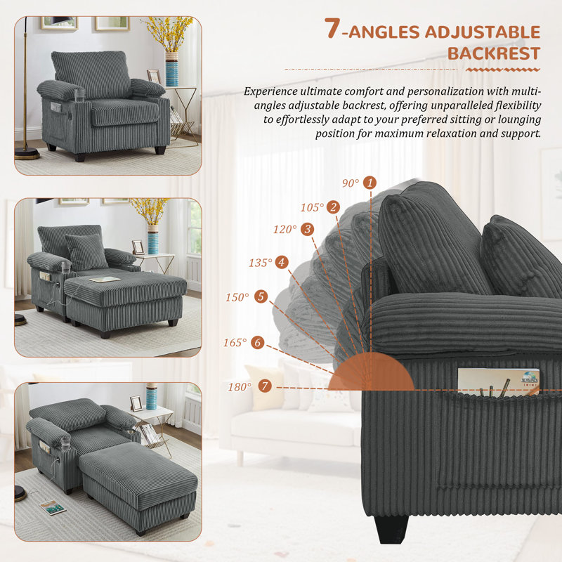 Mercer41 Corduroy Chaise Lounge Chair Indoor with Ottoman