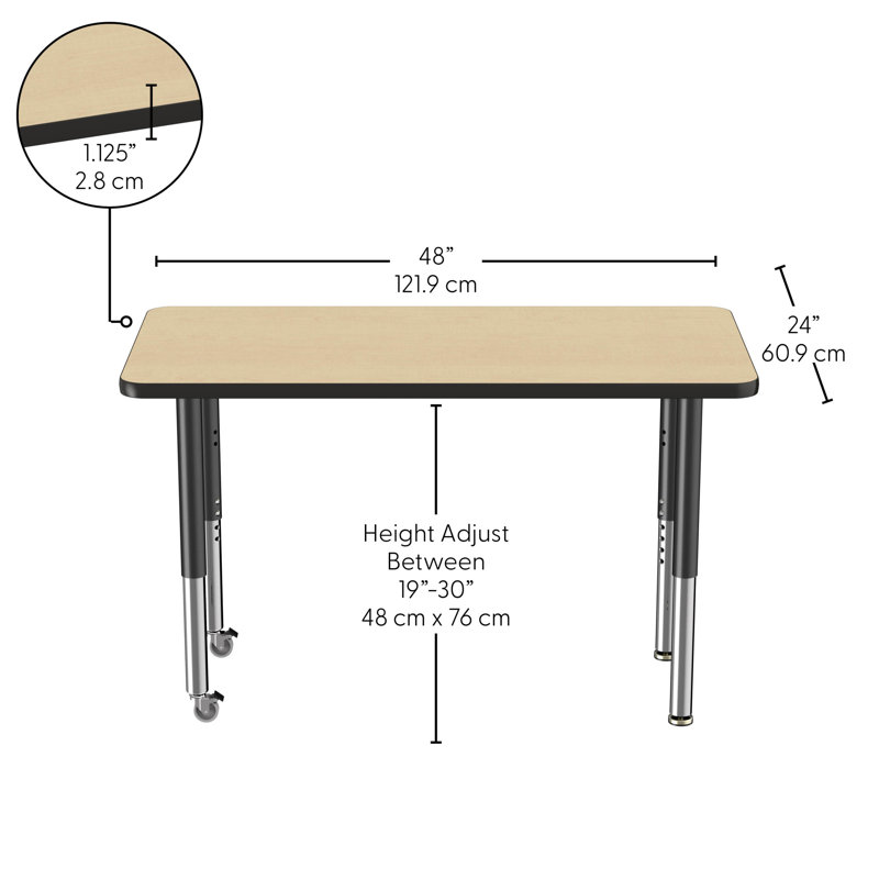 Table rectangulaire d'activité rectangulaire avec pieds réglables, Érable / noir, Super, 24 po x 48 po