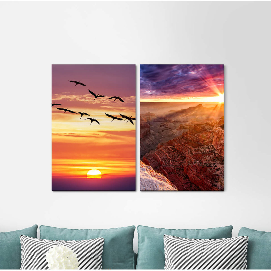 2-tlg. Leinwandbilder-Set - Fotografie „Grand Canyon Usa Flying Birds Horizon Sunset Sunbeams Positive Energy”