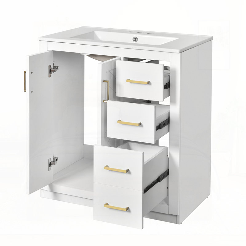 Meuble-lavabo 30 po avec lavabo en céramique, Blanc, Doré