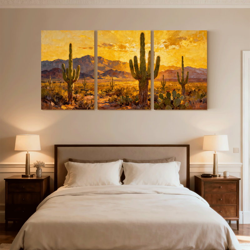 Cactus, paysage désertique avec cactus et montagnes, ensemble de 3 impressions sur toile, H 24 po x l 48 po