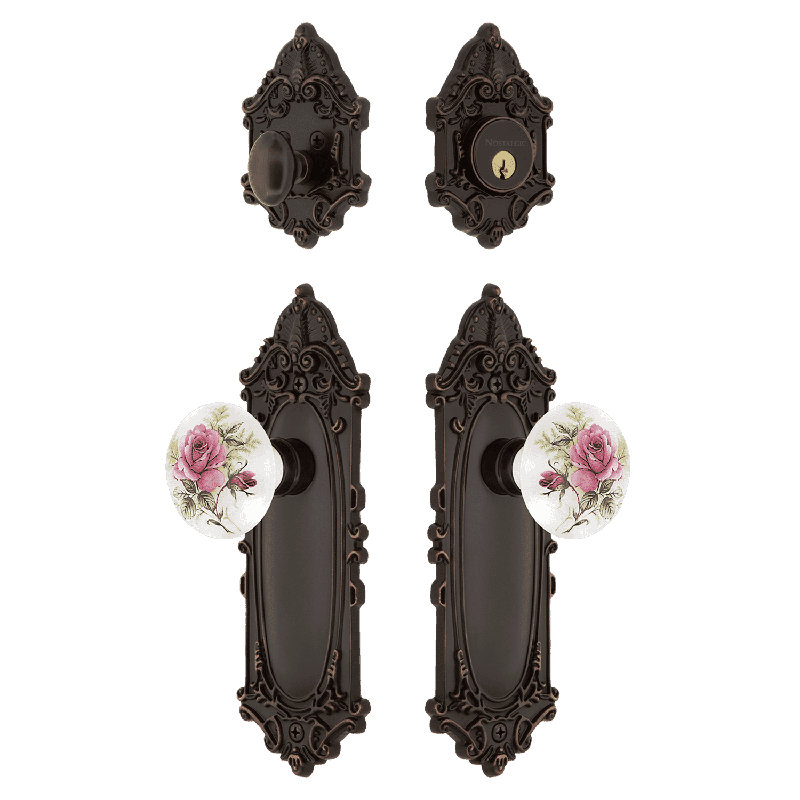 Nostalgic Warehouse Victorian Entry Set with White Rose Porcelain Knob, Timeless Bronze, 2.75
