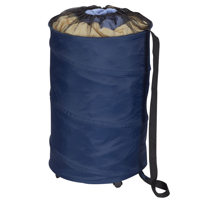 Blue Collapsible Upright Hamper with Wheels and Strap