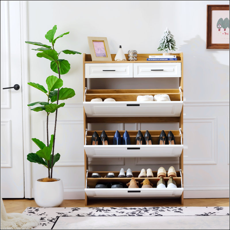 Narrow Shoe Storage Cabinet With 3 Hidden Flip Drawers & 2 Storage Drawers, Ideal For Entryway And Hallway Organization