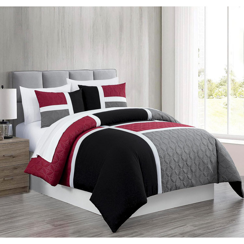 7-Piece Patchwork Bed in a Bag Comforter Set with Sheets, King Comforter + 6 Additional Pieces, Red/Black/Gray