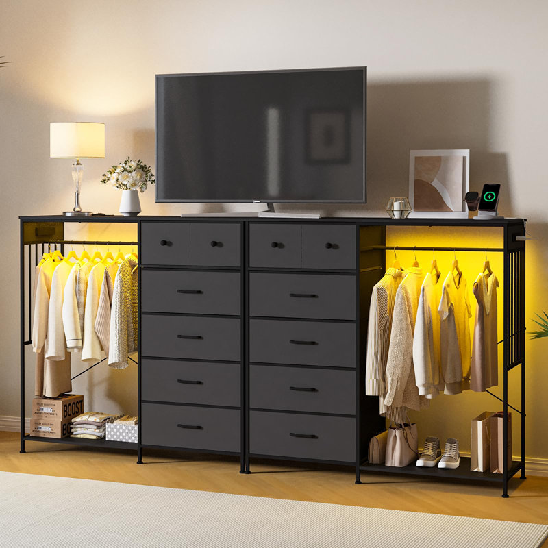 49.2" Dresser with Hanging Rack, 6 Fabric Drawers, LED Lights & Charging Station, Black