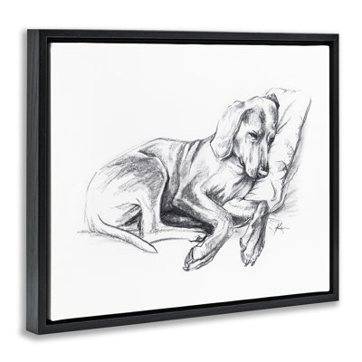«Napping dog», dessin encadré gris sur toile flottante par Lindsay Kivi Fine Art