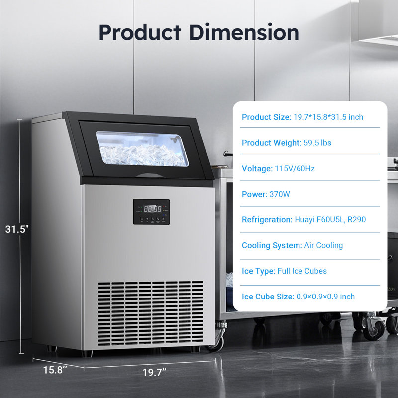 150LBS/24H Commercial Ice Maker, 50LBS Storage, Dual Water Inlet, Stainless Steel, Self-Cleaning