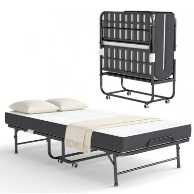 Lit pliant très long Mikenlee pour personnes de grande taille, lit escamotable robuste avec matelas en mousse à mémoire de forme de 5 po, lit d'invité portable sur roulettes, lit pliant simple pour économiser de l'espace