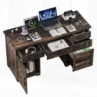 Bureau de direction de ferme avec station de charge et prise de courant, bureau d'ordinateur de bureau à domicile avec 5 tiroirs et armoire, table d'écriture en bois rustique avec tiroir classeur
