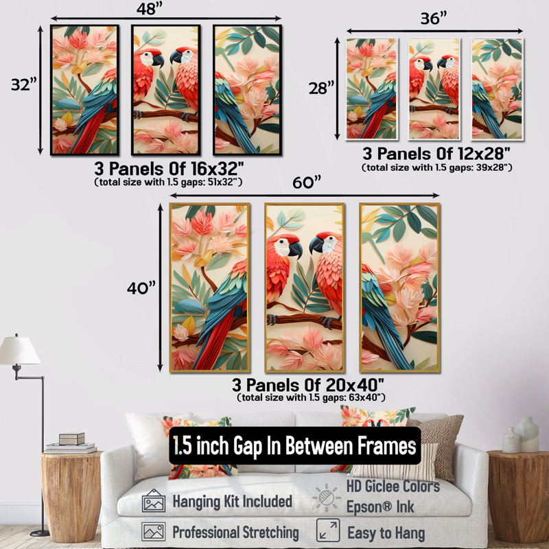 Fleurs tropicales roses et bleues - art mural perroquet II, Cadre flottant doré, H 40 po x l 61 po