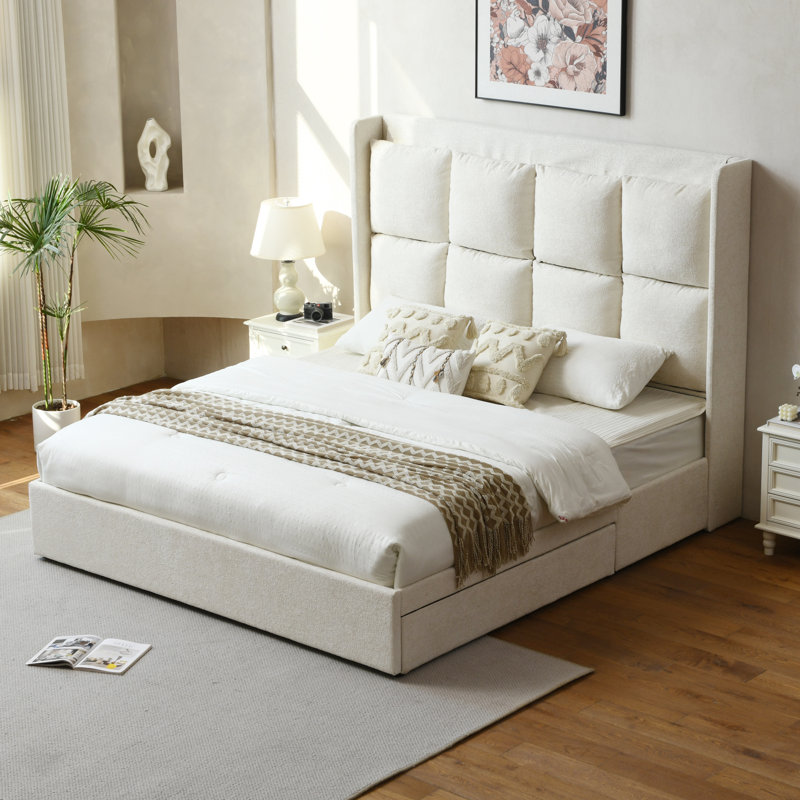 Upholstered Wingback Platform Bed with 2 Under-Bed Storage Drawers, High Grid-Tufted Headboard, No Box Spring Required, Easy Assembly, Modern Bedroom Furniture
