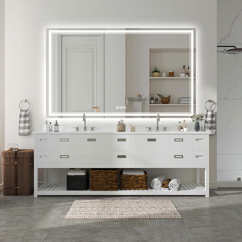 Miroir de salle de bain anti-buée en verre trempé à DEL, 3 températures de couleur avec façade et rétroéclairage, conforme Rohs et CRU