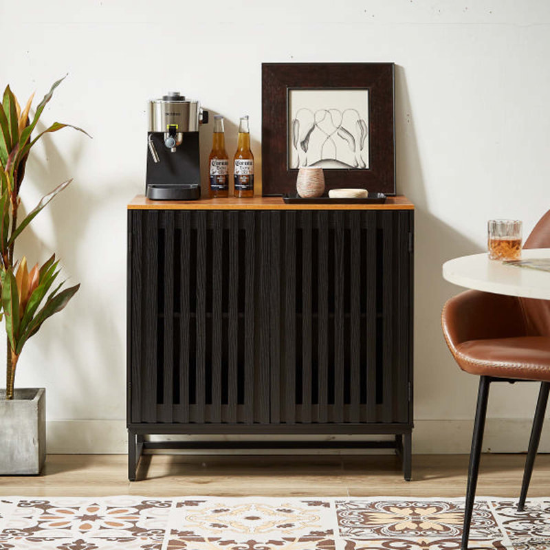 Accent Cabinet with Slatted Grille Striped Door Modern Cabinet High-Quality MDF and Metal Leg