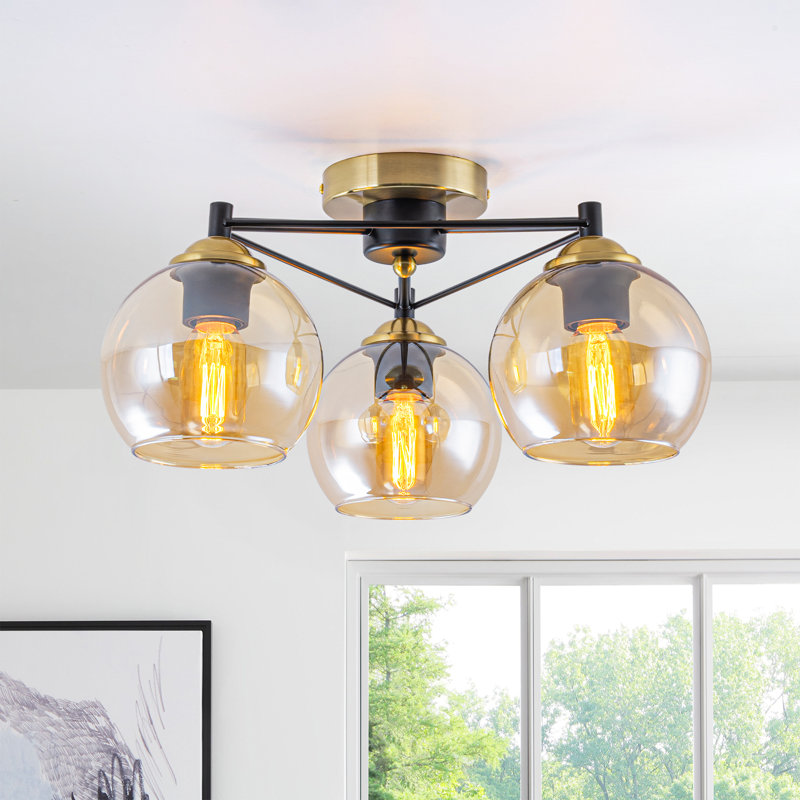 Plafonnier semi-encastré 3 lumières, luminaire industriel moderne à 3 lumières avec finition cuivre et noir mat, globes en verre ambré, base E26, diamètre 17,7 po