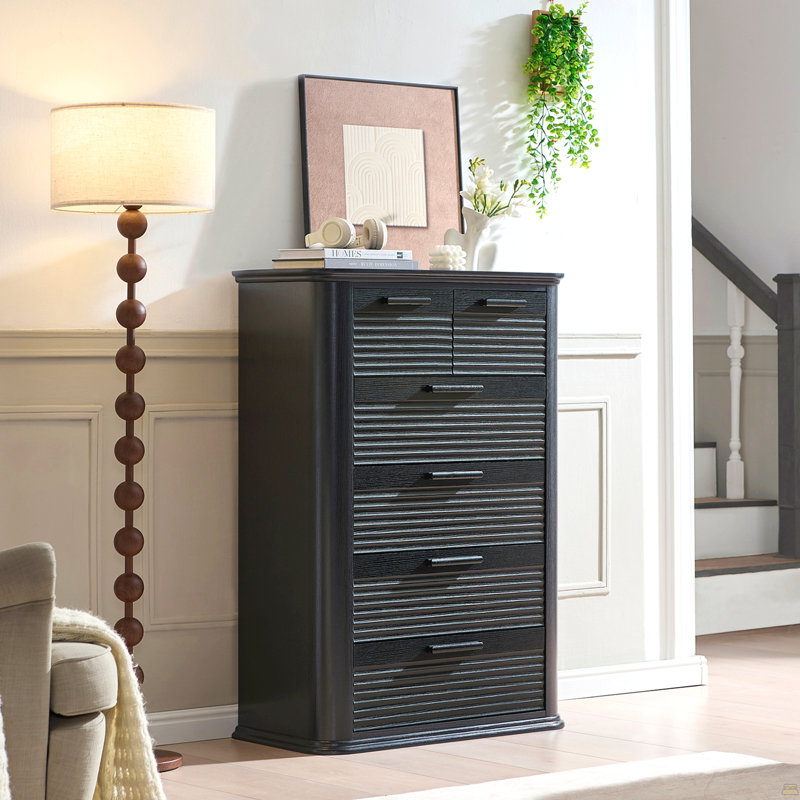 Commode 6 tiroirs, commode haute 45 po à profil courbé, commode cannelée en bois, Grain de bois noir