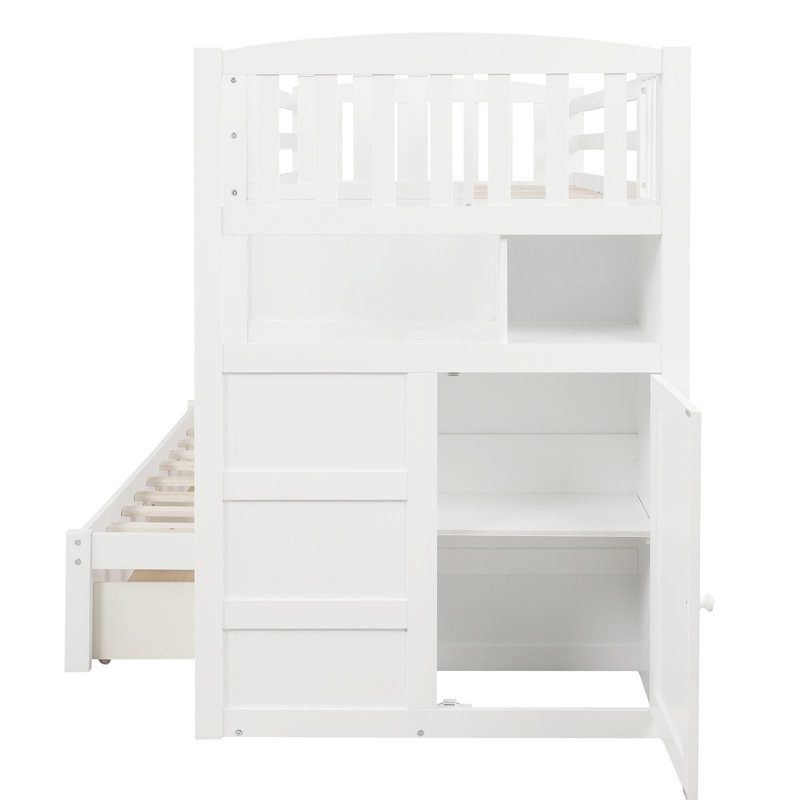 Lit superposé simple au-dessus d'un lit double / simple blanc avec rangement stable - Escalier complet d'organisation fiable et facile à monter