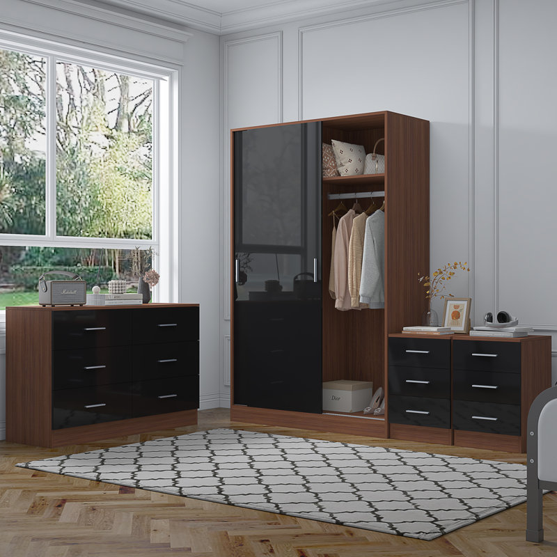 Eva Piece Bedroom Set, Black Gloss / Walnut