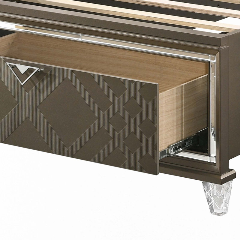 Lit double Skylar en cuir synthétique et finition champagne foncé avec rangement et DEL
