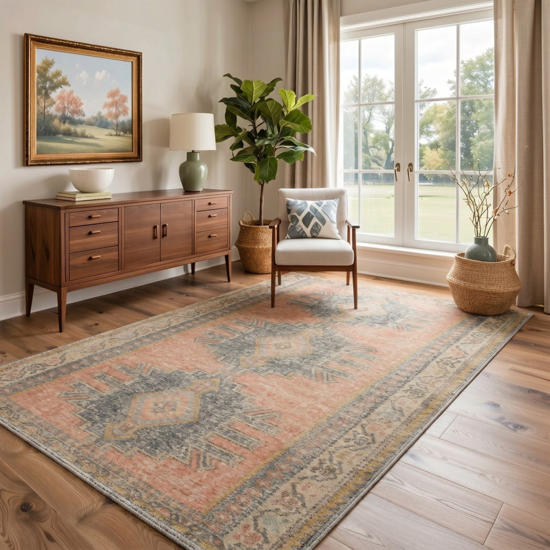Tapis corail / gris oriental lavable à la machine avec envers antidérapant, Rond 5 pi