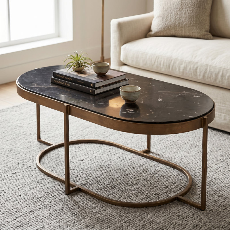 Fresno 43" Coffee Table With Black Marble And Antique Brass Base