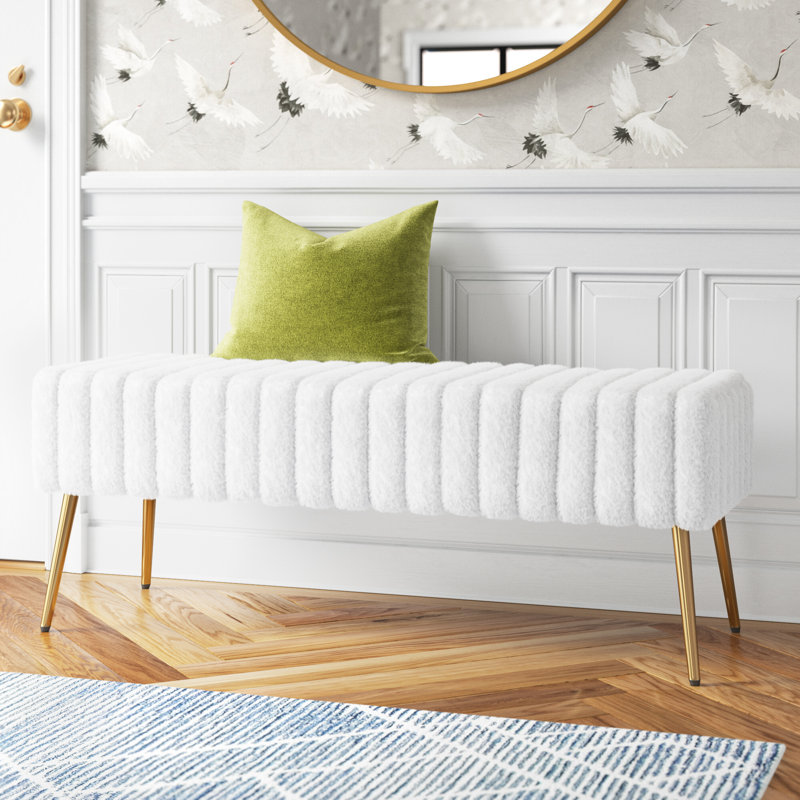 Julietta Tufted Upholstered Bench with Soft Sherpa Fabric and Modern Metal Legs, White