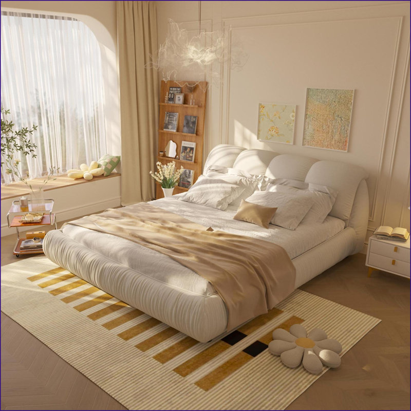 Grand lit plateforme en bois massif avec tête de lit rembourrée surdimensionnée - beige, aucun sommier nécessaire pour la chambre principale